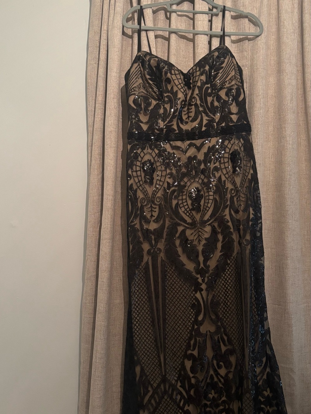 Black Sequin-Embellished Illusion Prom Gown